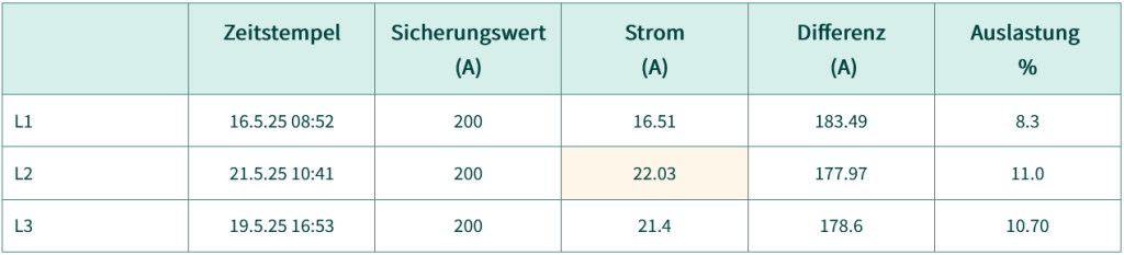 Tabelle mit Spitzenwerten einer Lastgangmessung